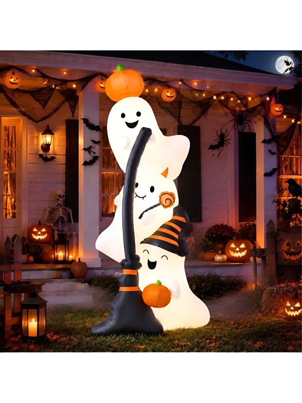 Halloween Inflatable Ghost, 7 ft Overlap Ghost with Pumpkin Witch Hat Broom